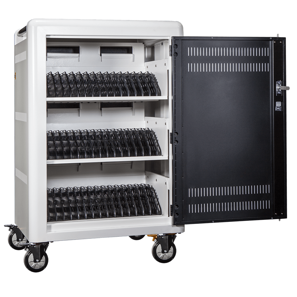 45 bay mobile rolling charging cart for ipads, tablets, notebooks, laptops, smartphones