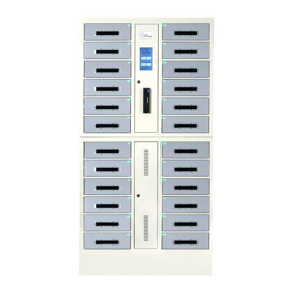 Charge and secure 24 bay locker for mobile devices of all sizes with optional UV-C